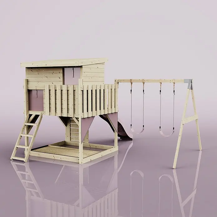 OutdoorToys Kinderspielturm Nils - L x B x H: 396 x 415 x 260 cm, Rosa - Hölzernes Spielhaus mit Rutsche, zwei Schaukeln und Sandkastenbereich, mit rosa Akzenten.