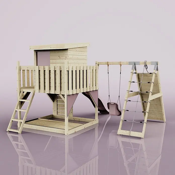 OutdoorToys Kinderspielturm Freja Babyschaukel; - Holz, Rosa - Spielset aus Holz für Kinder mit Spielhaus, Rutsche, Schaukel und Kletternetz.