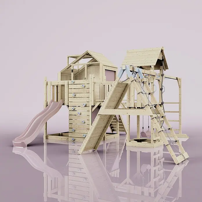 OutdoorToys Kinderspielturm Polarplay Bo - L x B x H: 490 x 503 x 291 cm, Rosa - Großes Holzspielgerät mit rosa Rutsche, Kletterwand, Seilleiter und rosa Schaukeln.