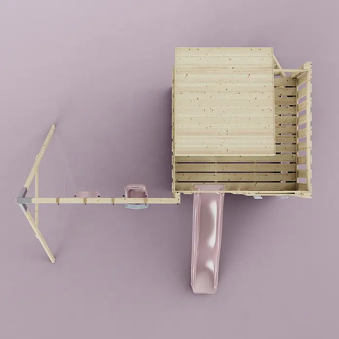 OutdoorToys Kinderspielturm Björn - L x B x H: 396 x 415 x 261 cm, Rosa - Ansicht von oben: Spielplatz aus Naturholz mit roségoldener Rutsche und Schaukeln.