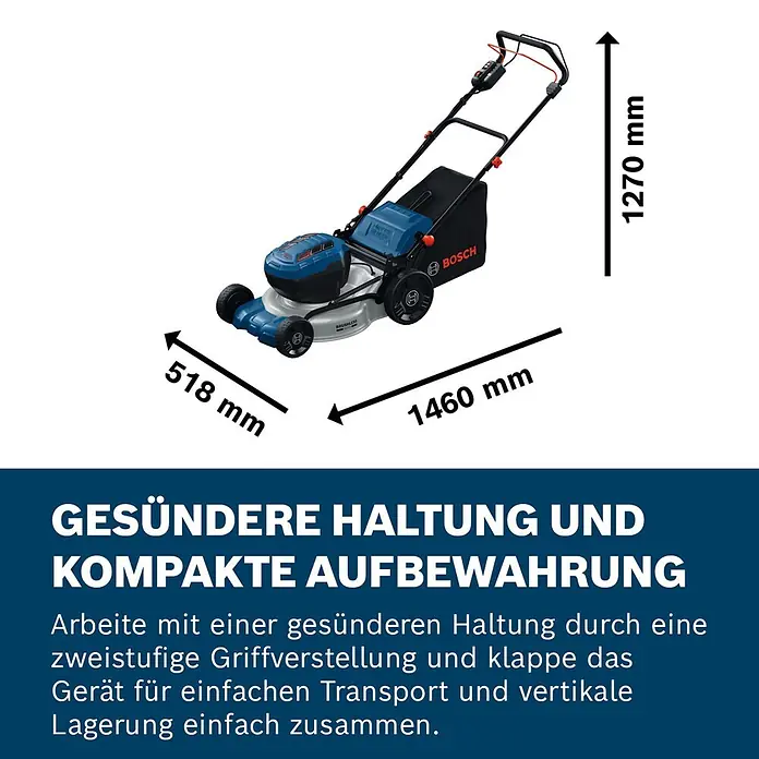 Bosch Professional AMPShare 18V Akku-Rasenmäher GRA18V2-46 SP - Ohne Akku, Schnittbreite: 46 cm - Blauer und schwarzer Bosch Akku-Rasenmäher mit Fangkorb. Maße: 1460 mm Länge, 1270 mm Höhe, 518 mm Breite.