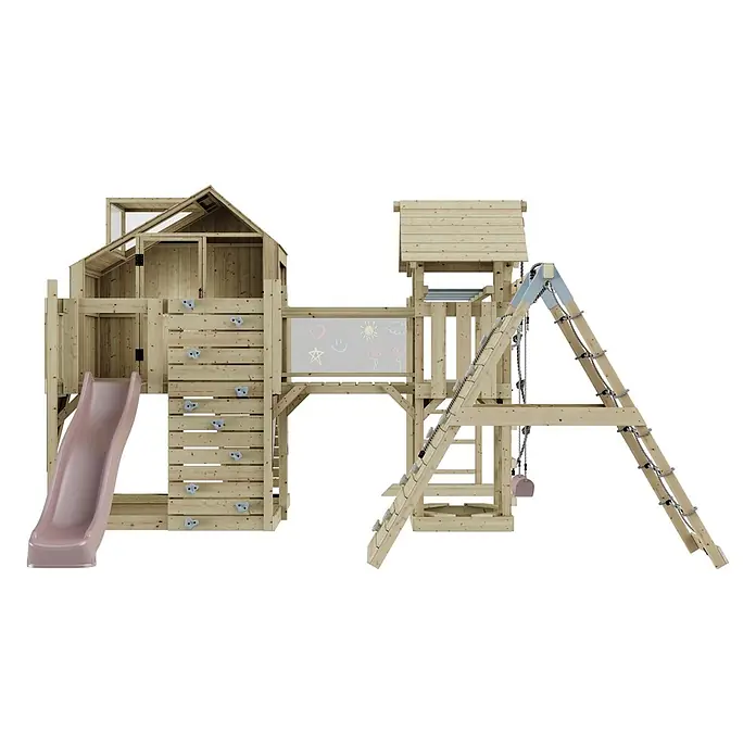 OutdoorToys Kinderspielturm Polarplay Bo - L x B x H: 490 x 503 x 291 cm, Rosa - Helles Holzspielhaus mit Rutsche, Kletterwand, Kreidetafel, Sprossenleiter, Seilleiter und Schaukel für Kinder.