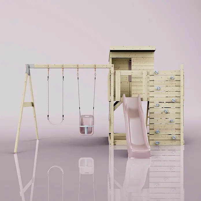 OutdoorToys Kinderspielturm Björn - L x B x H: 396 x 415 x 261 cm, Rosa - Hölzernes Kinderspielset mit rosa Rutsche, zwei Schaukeln und Kletterwand für draußen.