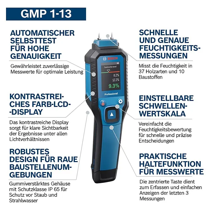 Bosch Feuchtigkeitsmessgerät GMP 1-13 - Messgenauigkeit: Umgebungstemperatur typisch: +/- 1 °C, Mit Batterien - Blau-schwarzes Bosch GMP 1-13 Feuchtigkeitsmessgerät mit robustem, gummiverstärktem Gehäuse.