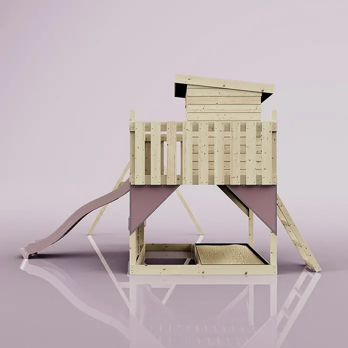 OutdoorToys Kinderspielturm Björn - L x B x H: 396 x 415 x 261 cm, Rosa - Holzspielhaus mit Rutsche und Sandkasten, naturbelassen und mit mauvefarbenen Akzenten.