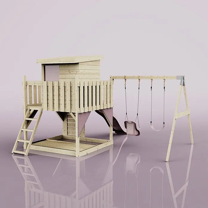 OutdoorToys Kinderspielturm Björn - L x B x H: 396 x 415 x 261 cm, Rosa - Hölzernes Outdoor-Spielset mit Spielhaus, Leiter, Rutsche und zwei rosa Schaukeln. Mit Sandkastenbereich.
