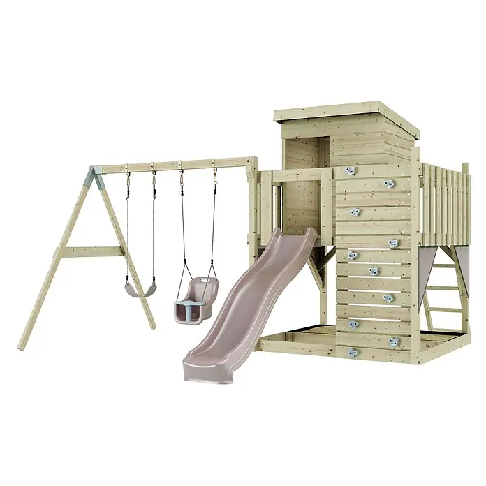OutdoorToys Kinderspielturm Björn - L x B x H: 396 x 415 x 261 cm, Rosa - Hölzerner Spielturm aus hellem Holz mit rosa Rutsche, Kletterwand und Doppelschaukel inklusive Babysitz.