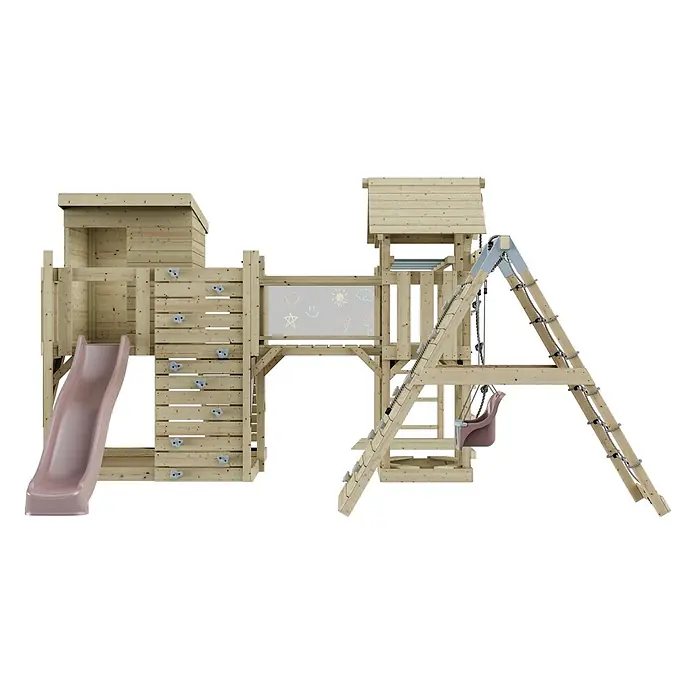 OutdoorToys Kinderspielturm Polarplay Tessa - L x B x H: 490 x 503 x 274 cm, Rosa - Holzspielplatz mit rosafarbener Rutsche, Kletterwand, Kreidetafel und Schaukel.