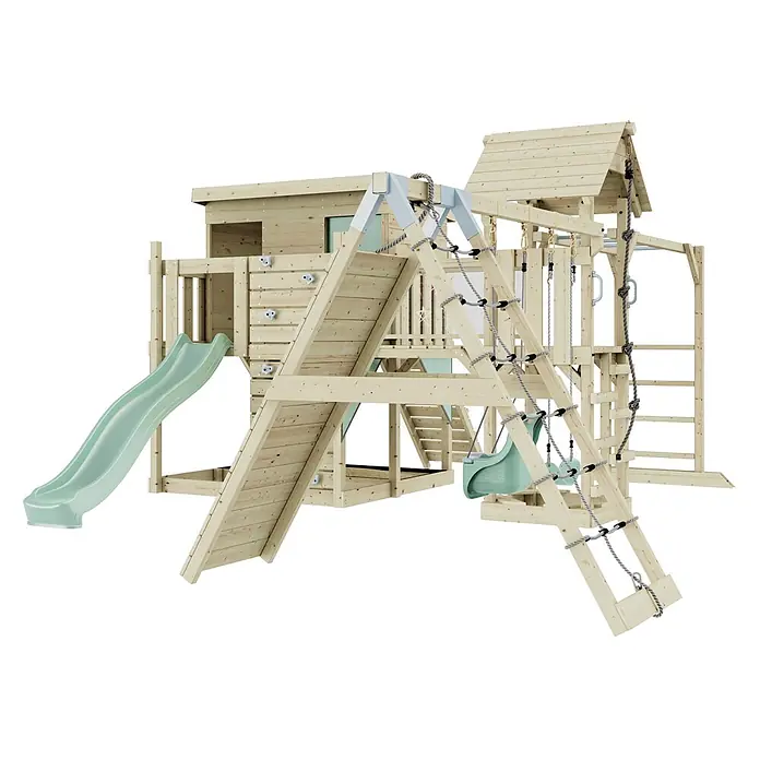 OutdoorToys Kinderspielturm Polarplay Malin Grün - Holz, Grün - Großes Holz-Kinderspielhaus mit mintgrüner Rutsche, Schaukeln, Kletterwand und Strickleiter.