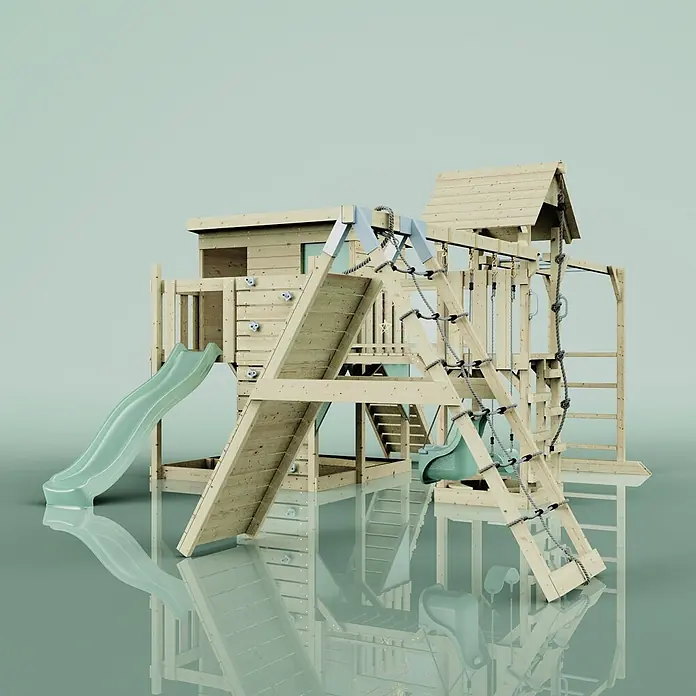 OutdoorToys Kinderspielturm Polarplay Malin Grün - Holz, Grün - Hölzerner Kinderspielplatz mit grüner Rutsche, Kletterwand, Netzleiter und Schaukel, ideal für den Außenbereich.