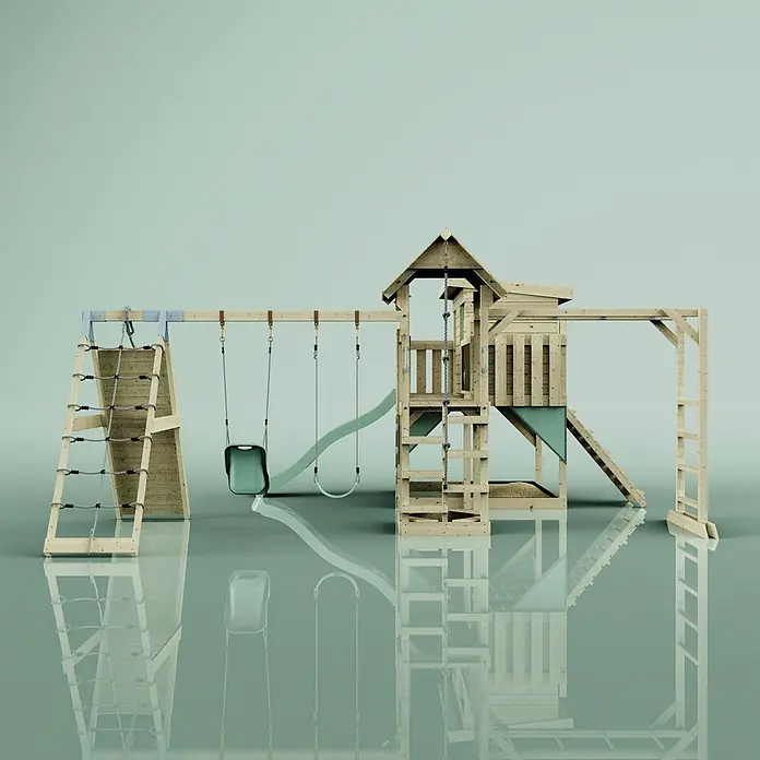 OutdoorToys Kinderspielturm Polarplay Malin - L x B x H: 562 x 503 x 274 cm, Grün - Hölzernes Spielset mit Rutsche, zwei Schaukeln, Kletterleiter und Turm mit Klettergerüst.