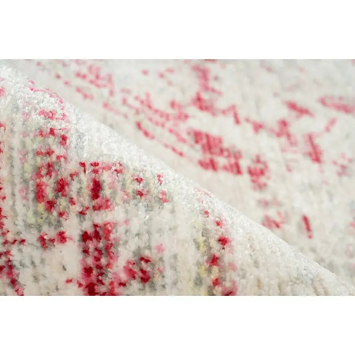 Kayoom Kurzflorteppich Baroque - Bunt, 290 x 200 cm, 100 % Polyester - Detailansicht eines modernen Teppichs mit abstraktem Muster in Weiß- und Rottönen, der eine weiche Textur und stilvolles Design vereint.