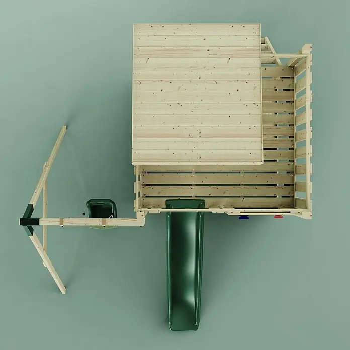 OutdoorToys Kinderspielturm Alma - L x B x H: 306 x 415 x 260 cm, Grün - Draufsicht auf ein Holzspielgerät mit hellbraunem Spielhaus, dunkelgrüner Rutsche und dunkelgrünem Schaukelsitz.