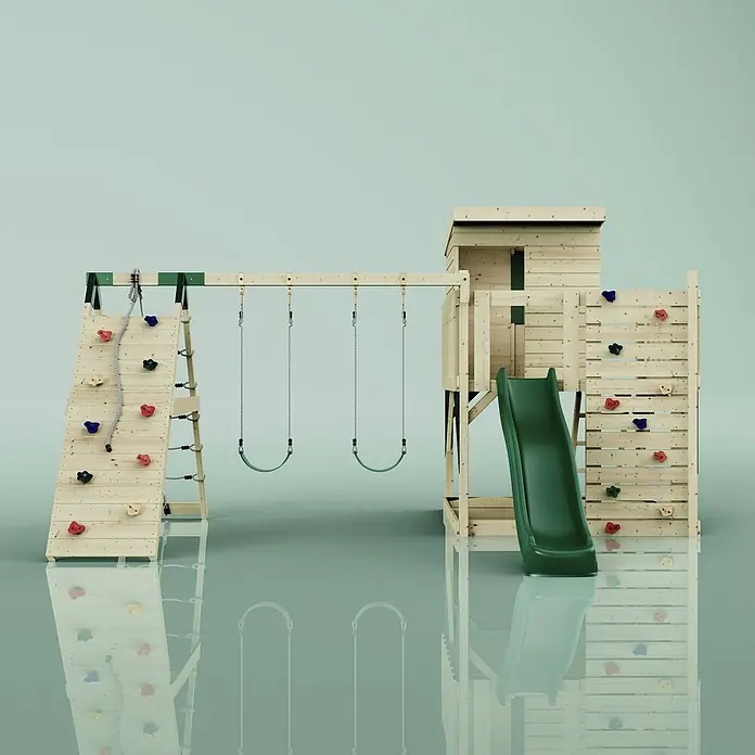 OutdoorToys Kinderspielturm Frida - L x B x H: 468 x 414 x 260 cm, Grün - Hölzernes Outdoor-Spielset mit Spielhaus, grüner Rutsche, zwei Schaukeln und zwei Kletterwänden mit bunten Griffen.