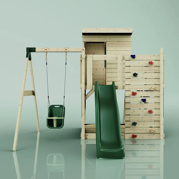 OutdoorToys Kinderspielturm Alma - L x B x H: 306 x 415 x 260 cm, Grün - Hölzernes Outdoor-Spielset mit grüner Kleinkindschaukel, grüner Rutsche und Kletterwand mit bunten Griffen.