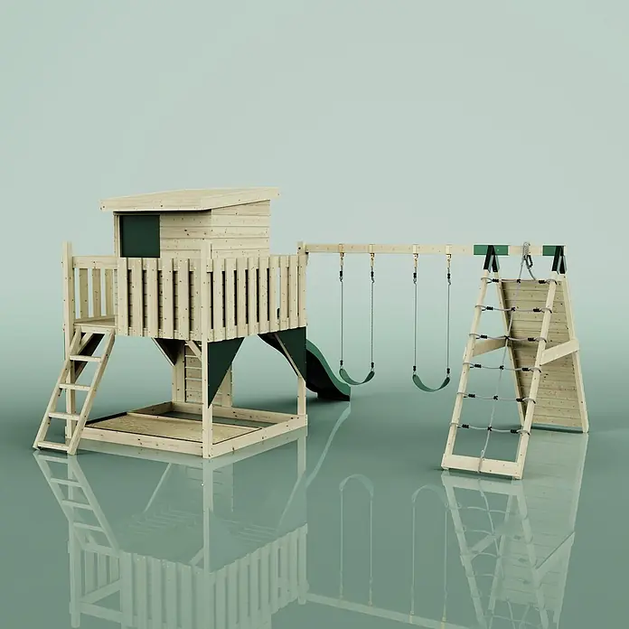 OutdoorToys Kinderspielturm Frida - L x B x H: 468 x 414 x 260 cm, Grün - Hölzerner Spielplatz mit Spielhaus, Rutsche, zwei Schaukeln und Kletternetz, mit dunkelgrünen Akzenten.