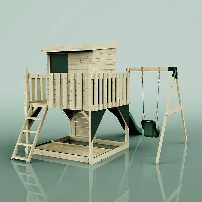 OutdoorToys Kinderspielturm Alma - L x B x H: 306 x 415 x 260 cm, Grün - Spielturm aus Holz mit Rutsche, Sandkasten und Schaukel, grün akzentuiert.