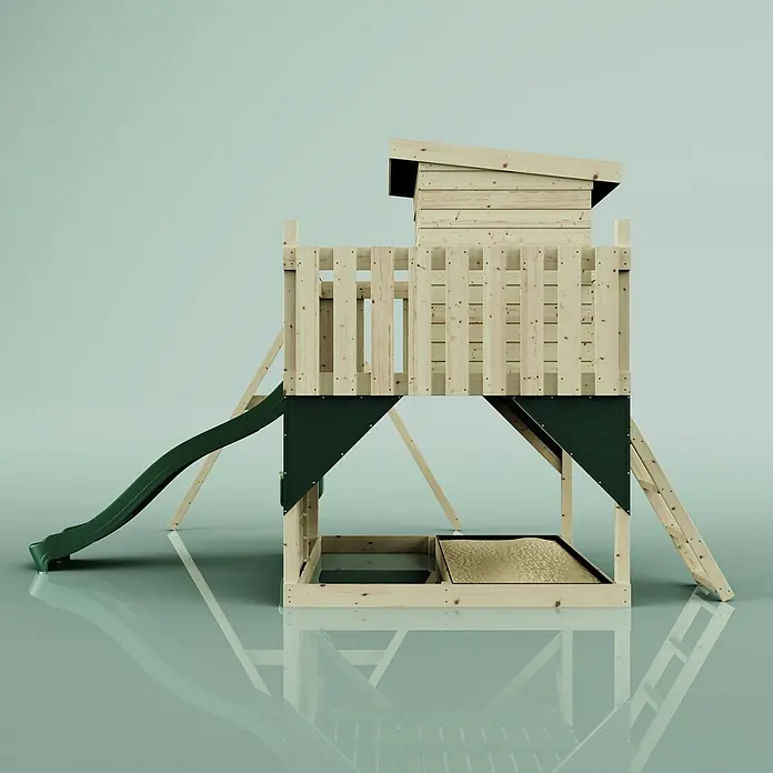 OutdoorToys Kinderspielturm Alma - L x B x H: 306 x 415 x 260 cm, Grün - Spielhaus aus Holz für Kinder mit dunkelgrüner Rutsche und integriertem Sandkasten.