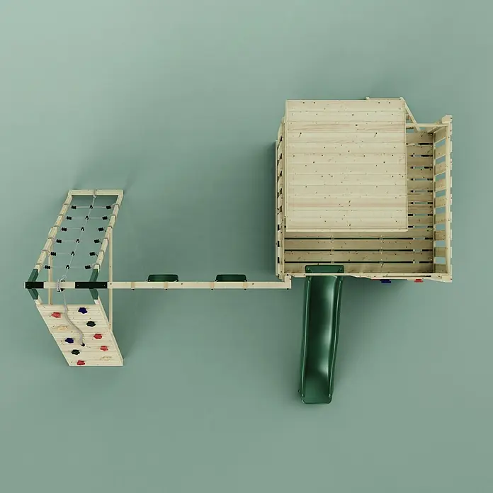 OutdoorToys Kinderspielturm Frida - L x B x H: 468 x 414 x 260 cm, Grün - Hölzernes Kinderspielset mit Kletterwand, Seilnetz, Trittsteinen und grüner Rutsche.