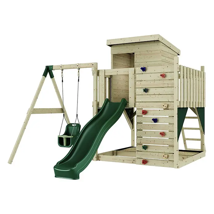 OutdoorToys Kinderspielturm Alma - L x B x H: 306 x 415 x 260 cm, Grün - Hölzerner Spielturm mit grüner Rutsche, Schaukel, Spielhaus und Kletterwand mit bunten Griffen.