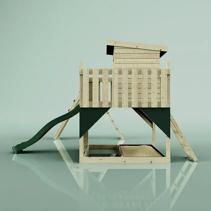 OutdoorToys Kinderspielturm Frida - L x B x H: 468 x 414 x 260 cm, Grün - Hölzernes Kinderspielhaus mit grüner Rutsche, Kletterleiter und integriertem Sandkasten.