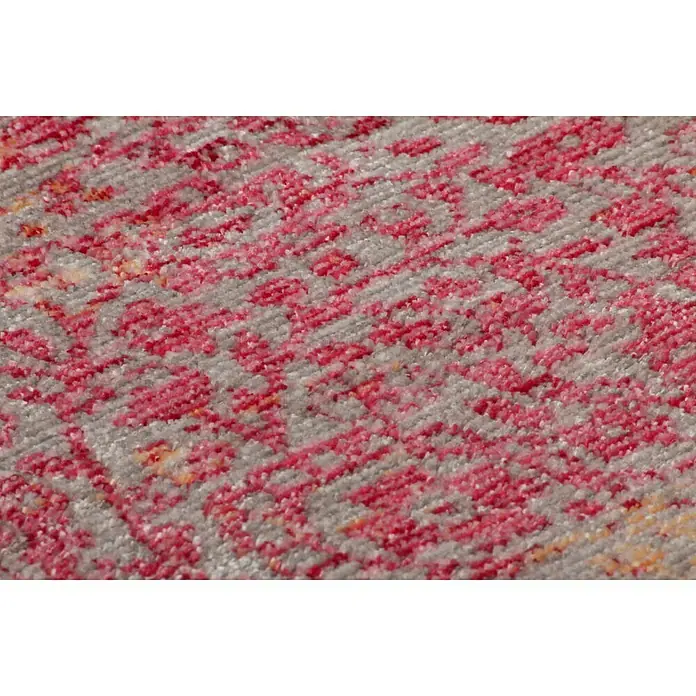 Kayoom Kurzflorteppich Antigua - Rot, 170 x 120 cm, 100 % Polyester - Detailansicht eines gemusterten Teppichs mit rosa und grauen Farbtönen, der eine subtile Eleganz und Textur für jeden Raum bietet.