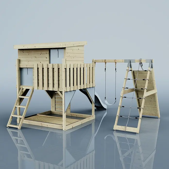 OutdoorToys Kinderspielturm Emil Kinderschaukel; - Holz, Blau - Hölzerner Spielturm mit erhöhtem Spielhaus, Sandkasten, Rutsche, Schaukel und Kletternetz.