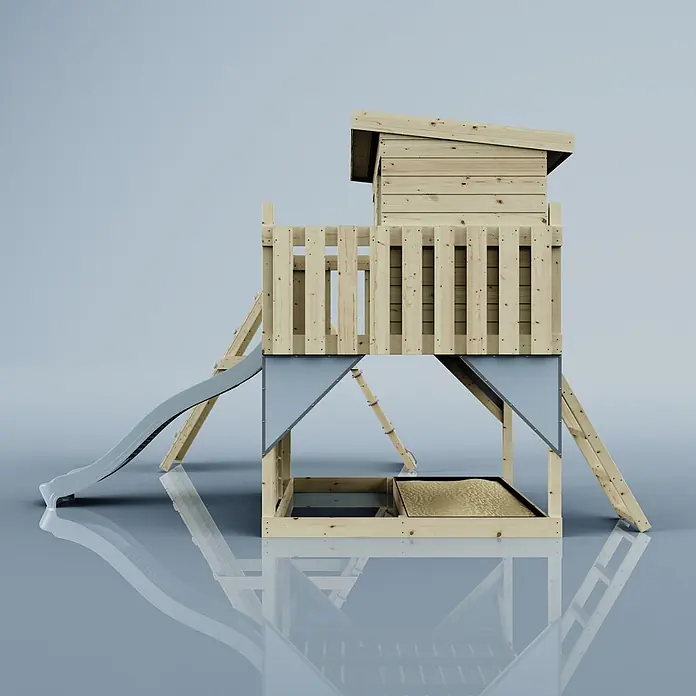 OutdoorToys Kinderspielturm Emil Kinderschaukel; - Holz, Blau - Hölzernes Spielhaus mit erhöhter Plattform, Rutsche und integriertem Sandkasten, aus hellem Holz und grauen Akzenten.
