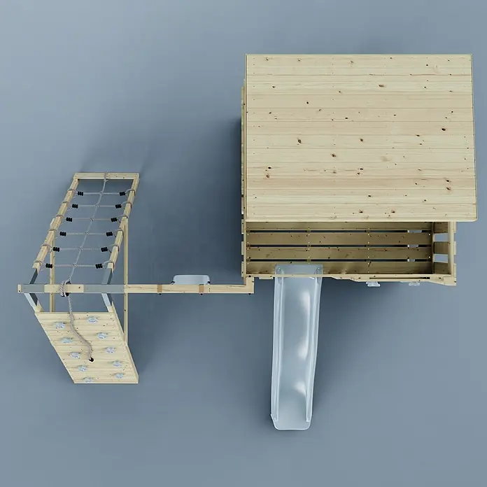 OutdoorToys Kinderspielturm Emil Kinderschaukel; - Holz, Blau - Hölzernes Outdoor-Spielgerät mit Kletternetz, Kletterwand und Rutsche für Kinder.