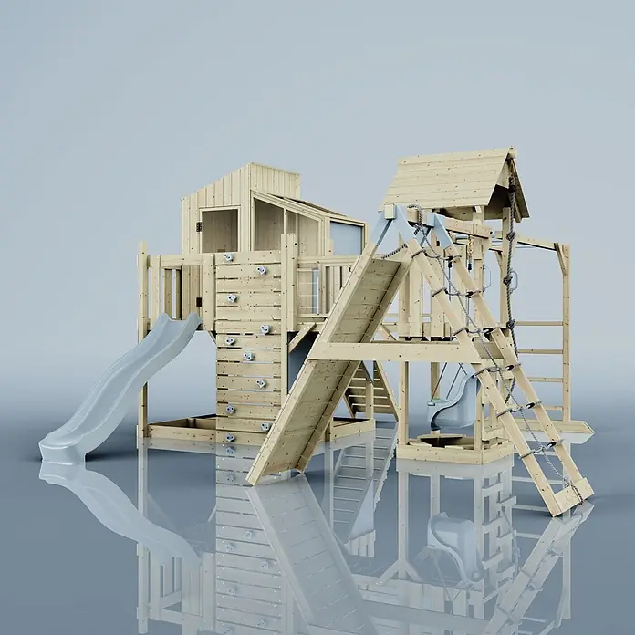 OutdoorToys Kinderspielturm Polarplay Tammo - L x B x H: 490 x 503 x 291 cm, Blau - Multifunktionales Holzspielgerät mit hellgrauer Rutsche, Kletterwand und Netz, inklusive Spielhaus und Schaukel für diverse Outdoor-Aktivitäten.