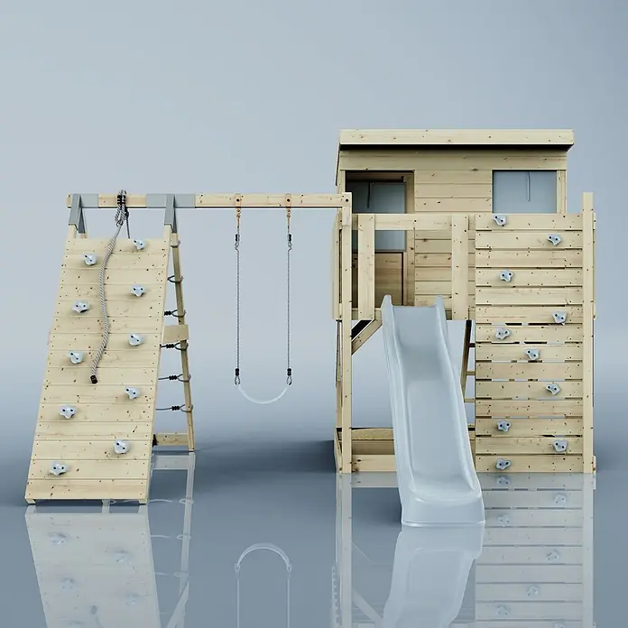 OutdoorToys Kinderspielturm Emil Kinderschaukel; - Holz, Blau - Holzspielturm mit Spielhaus, Rutsche, zwei Kletterwänden und zwei Schaukeln. Aus hellem Holz mit grauer Rutsche für vielfältigen Spielspaß.