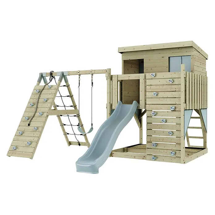 OutdoorToys Kinderspielturm Emil Kinderschaukel; - Holz, Blau - Kinderspielplatz aus hellem Holz mit Spielhaus, Rutsche, Kletterwand, Seilleiter und Schaukeln.