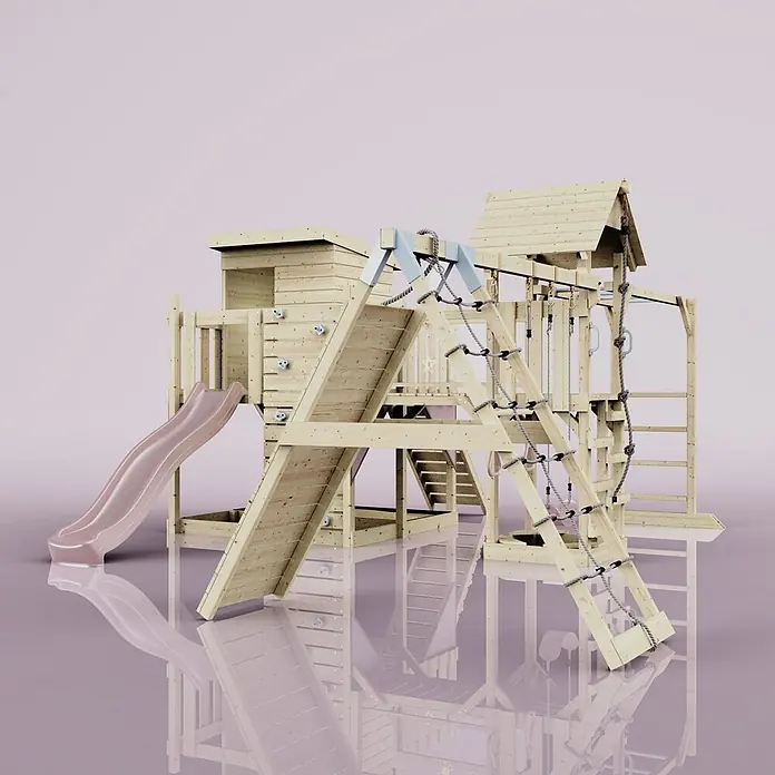 OutdoorToys Kinderspielturm Polarplay Lars - L x B x H: 562 x 503 x 274 cm, Rosa - Hölzerner Outdoor-Spielplatz mit Rutsche, Kletterwand, Seilleiter und Schaukeln aus Naturholz mit rosa Rutsche.