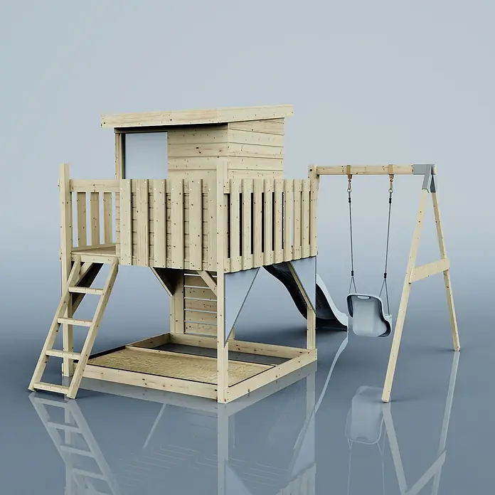 OutdoorToys Kinderspielturm Alma - L x B x H: 306 x 415 x 260 cm, Blau - Hölzernes Spielgerüst mit Spielhaus, Leiter, Rutsche und Schaukelset, inklusive Sandkastenbereich am Sockel.