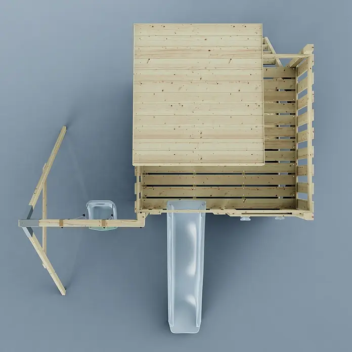 OutdoorToys Kinderspielturm Alma - L x B x H: 306 x 415 x 260 cm, Blau - Holzspielturm mit hellblauer Kunststoffrutsche und aufgehängter Babyschaukel, von oben gesehen.