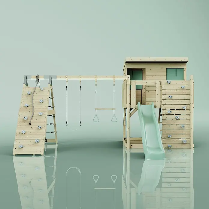 OutdoorToys Kinderspielturm Aksel - L x B x H: 469 x 415 x 261 cm, Grün - Hölzernes Outdoor-Spielgerät mit Kletterwänden, Schaukeln, Spielhaus und grüner Rutsche für Kinder.