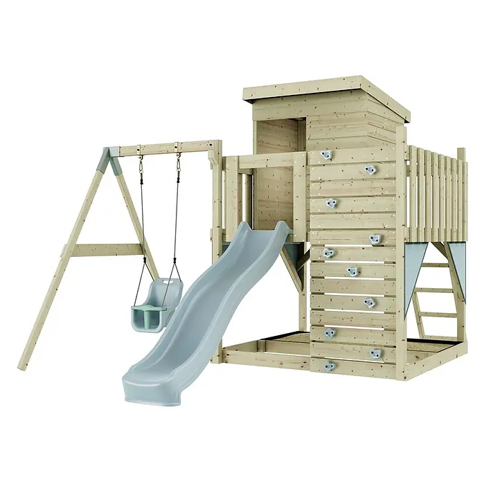 OutdoorToys Kinderspielturm Alma - L x B x H: 306 x 415 x 260 cm, Blau - Hölzernes Spielgerüst mit Rutsche, Schaukel, Kletterwand und erhöhtem Spielhaus, aus hellem Holz und grauen Kunststoffteilen.