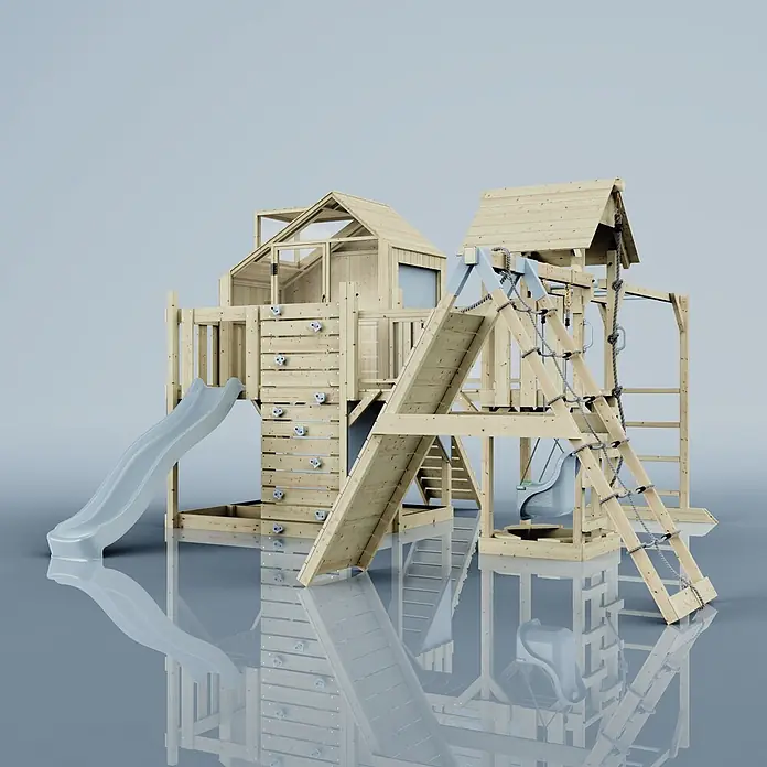 OutdoorToys Kinderspielturm Polarplay Bo - L x B x H: 490 x 503 x 291 cm, Blau - Mehrzweck-Kinderspielplatz aus Holz mit Rutschen, Kletterwand, Strickleiter und Schaukel, in Naturholz und hellgrauem Kunststoff.
