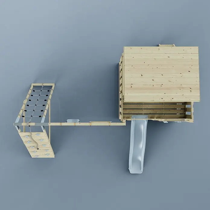 OutdoorToys Kinderspielturm Aksel - L x B x H: 469 x 415 x 261 cm, Blau - Hölzerne Kinderspielanlage mit Spielhaus, Kletternetz, Kletterwand, Tunnel und Rutsche.
