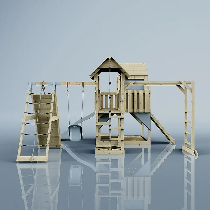 OutdoorToys Kinderspielturm Polarplay Bo - L x B x H: 490 x 503 x 291 cm, Blau - Hölzernes Spielturm-Set mit Spielhaus, Rutsche, zwei Schaukeln, Kletternetz und Strickleiter.
