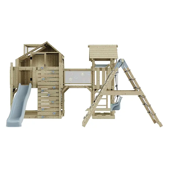 OutdoorToys Kinderspielturm Polarplay Bo - L x B x H: 490 x 503 x 291 cm, Blau - Hölzernes Spielgerüst mit hellblauer Rutsche, Kletterwand, Schaukeln, Spielhaus und Kreidetafel.