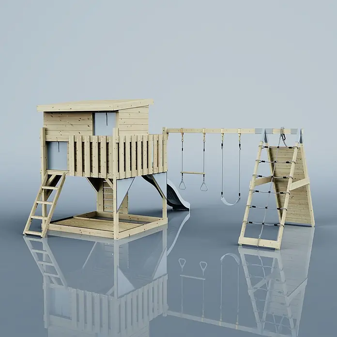 OutdoorToys Kinderspielturm Aksel - L x B x H: 469 x 415 x 261 cm, Blau - Hölzerner Spielplatz für draußen mit erhöhtem Spielhaus, Rutsche, zwei Schaukeln und Kletternetz.