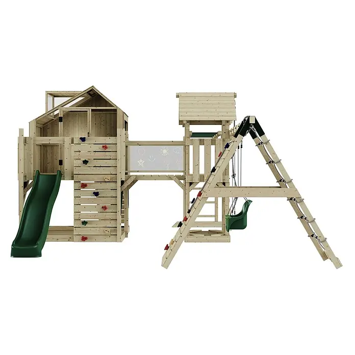 OutdoorToys Kinderspielturm Polarplay Milo - L x B x H: 562 x 503 x 291 cm, Grün - Hölzernes Spielgerüst mit Rutsche, Kletterwand, Schaukeln, Strickleiter und Kreidetafel.