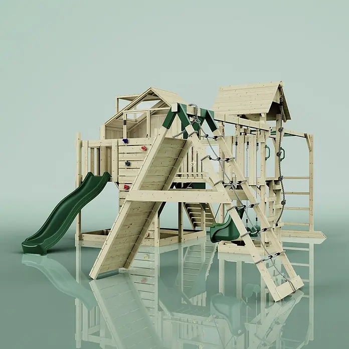 OutdoorToys Kinderspielturm Polarplay Milo Grün - Holz, Grün - Hölzernes Kinderspielplatz-Set mit grüner Rutsche, Schaukeln, Kletterwand und Netz. Bietet mehrere Aktivitätsbereiche für draußen.