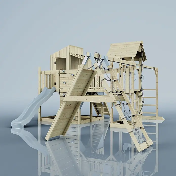 OutdoorToys Kinderspielturm Polarplay Gustav - L x B x H: 562 x 503 x 291 cm, Blau - Großes Holzspielgerät mit Rutsche, Kletterwand und Seilnetz für Kinderspielplätze.