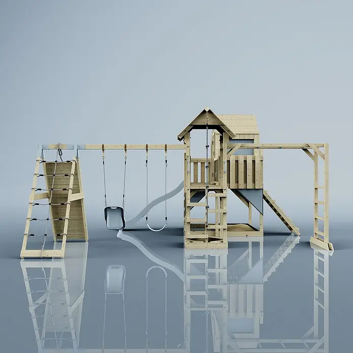 OutdoorToys Kinderspielturm Polarplay Milo - L x B x H: 562 x 503 x 291 cm, Blau - Spielplatz aus hellem Holz mit Rutsche, Schaukeln, Kletterwand und Spielhaus mit Spitzdach.