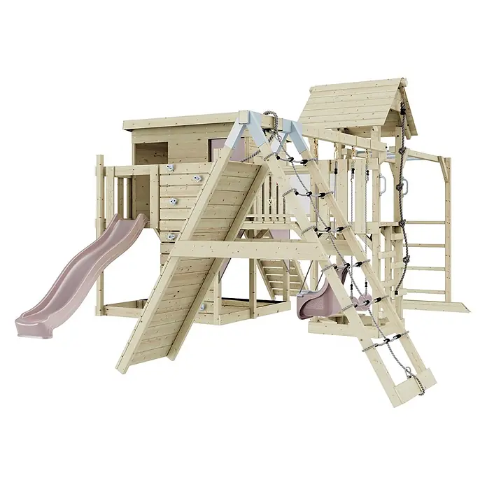 OutdoorToys Kinderspielturm Polarplay Malin - L x B x H: 562 x 503 x 274 cm, Rosa - Hölzernes Spielgerüst mit Rutsche, Kletterwand, Strickleiter, Schaukeln und Reckstangen, inklusive Spielhaus.