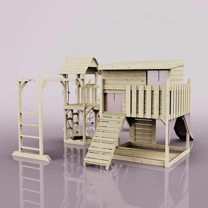 OutdoorToys Kinderspielturm Polarplay Malin - L x B x H: 562 x 503 x 274 cm, Rosa - Kinderspielplatz aus Holz mit Spielhaus, Rutsche, Klettergerüst und Reckstange.