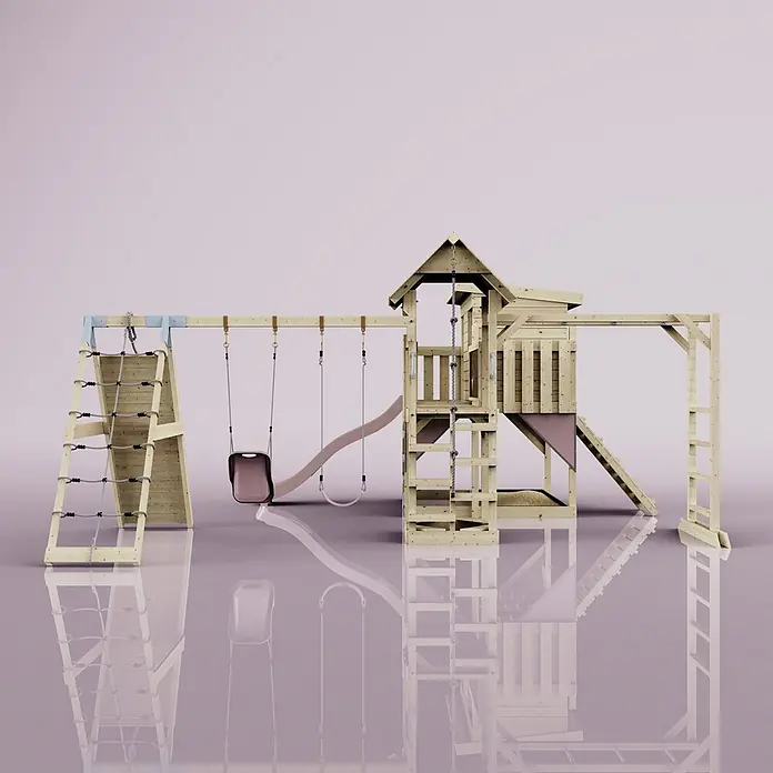 OutdoorToys Kinderspielturm Polarplay Malin - L x B x H: 562 x 503 x 274 cm, Rosa - Hölzernes Spielgerüst mit Schaukeln, Rutsche, Kletternetz und Kletterturm.