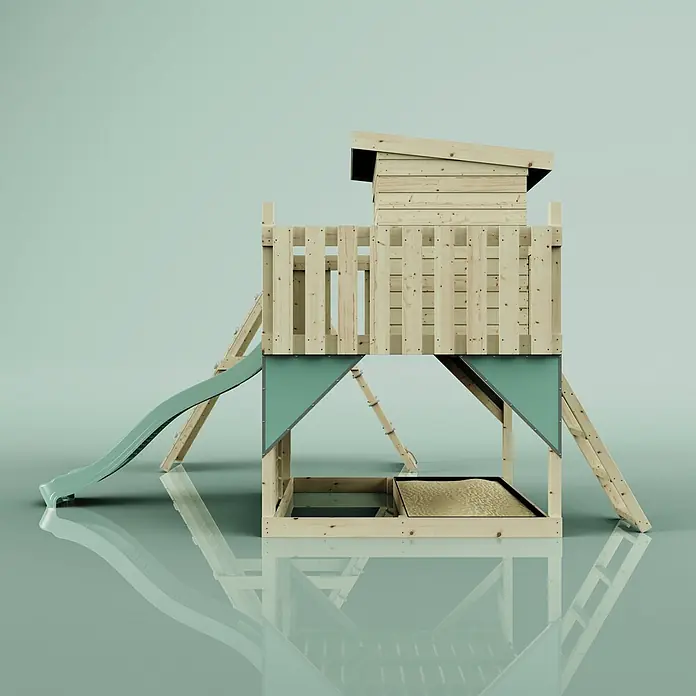 OutdoorToys Kinderspielturm Freja Kinderschaukel; - Holz, Grün - Kinderspielturm aus Holz mit Haus, grüner Rutsche und Sandkasten.
